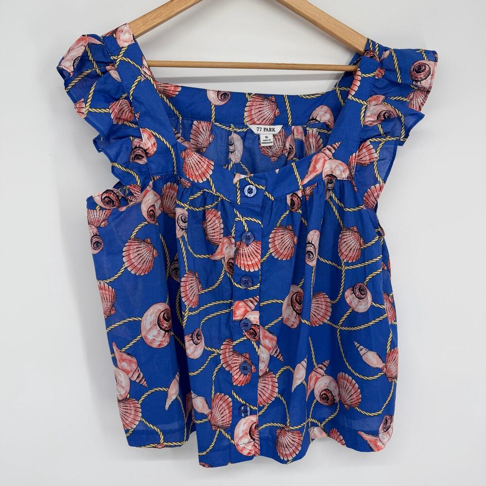 77 Park Top Womens XL Ruffle Cap Sleeve Seashell Print Nautical Coastal Vacation